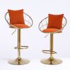 Orange velvet bar chair, pure gold plated, unique design, 360 degree rotation, adjustable height, Suitable for dinning room and bar, set of 2