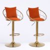 Orange velvet bar chair, pure gold plated, unique design, 360 degree rotation, adjustable height, Suitable for dinning room and bar, set of 2