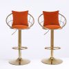 Orange velvet bar chair, pure gold plated, unique design, 360 degree rotation, adjustable height, Suitable for dinning room and bar, set of 2