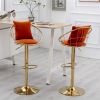 Orange velvet bar chair, pure gold plated, unique design, 360 degree rotation, adjustable height, Suitable for dinning room and bar, set of 2